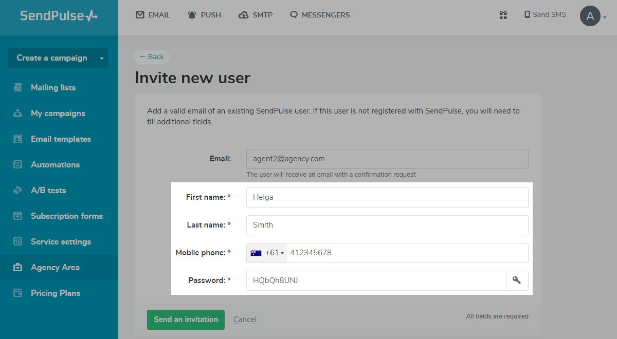 Inviting a user not registered in SendPulse