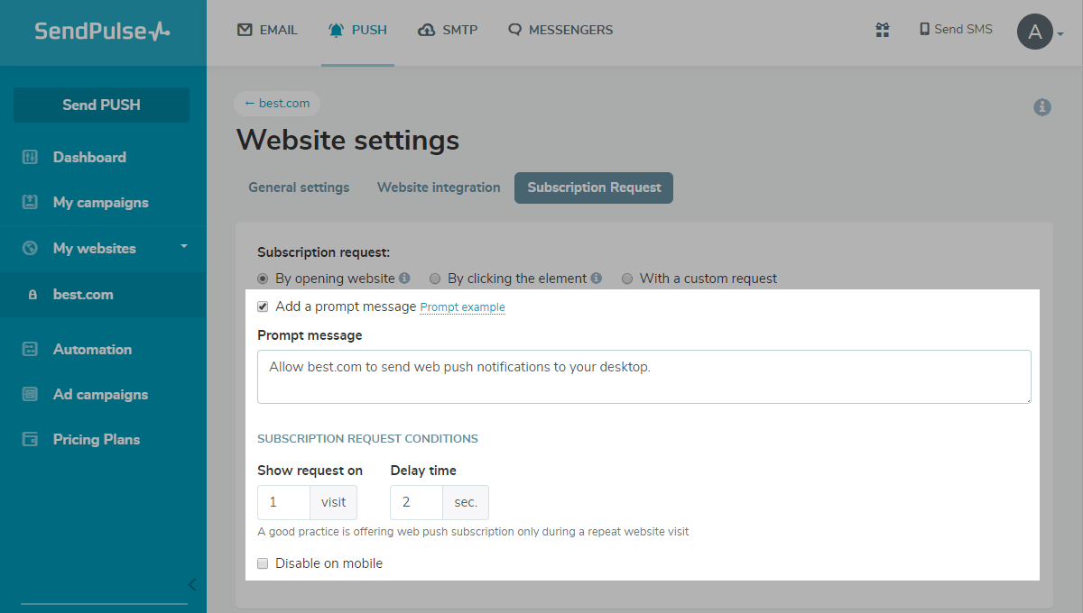 Settings for the subscription request  on opening the website