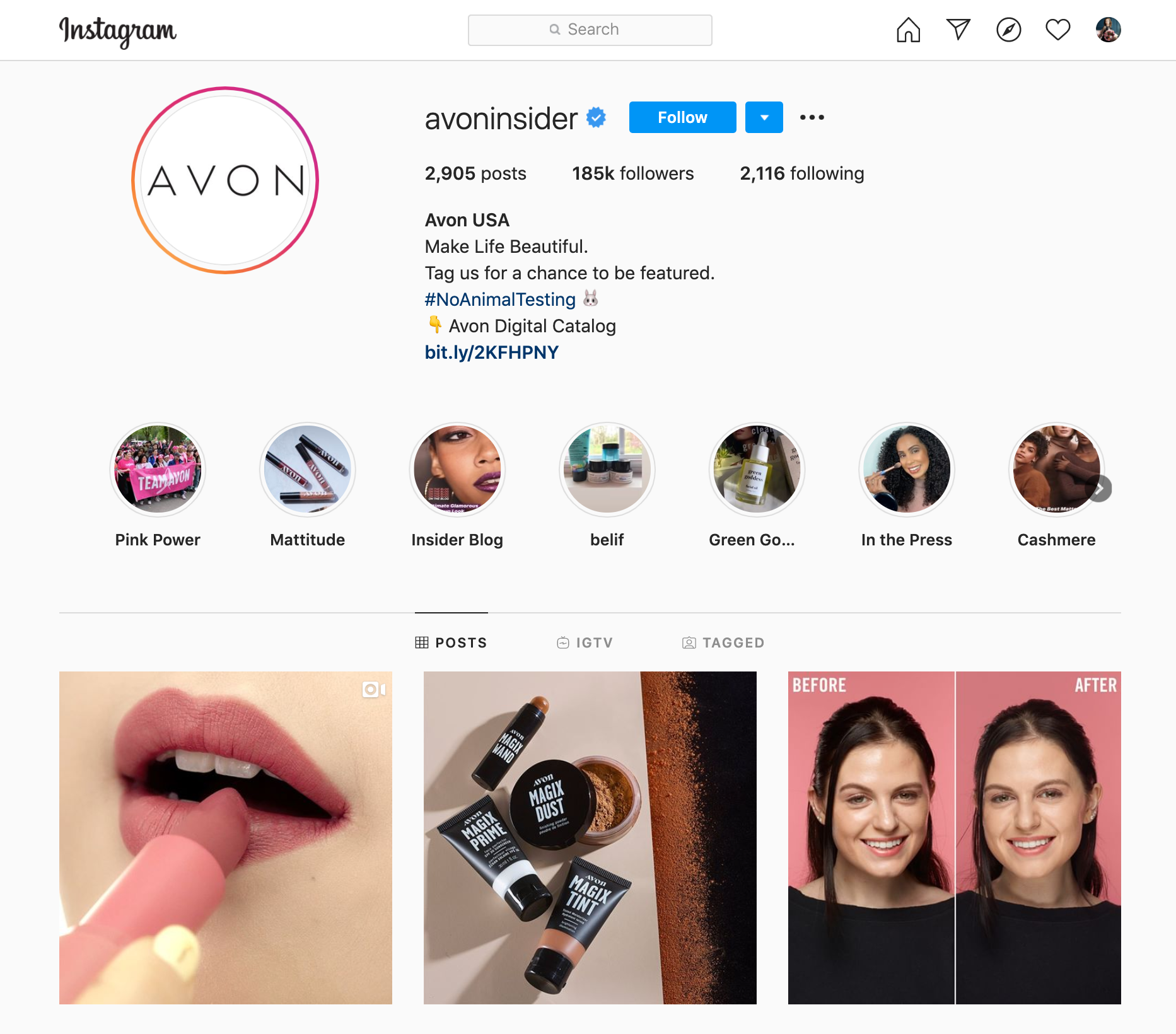 Avon page in Instagram