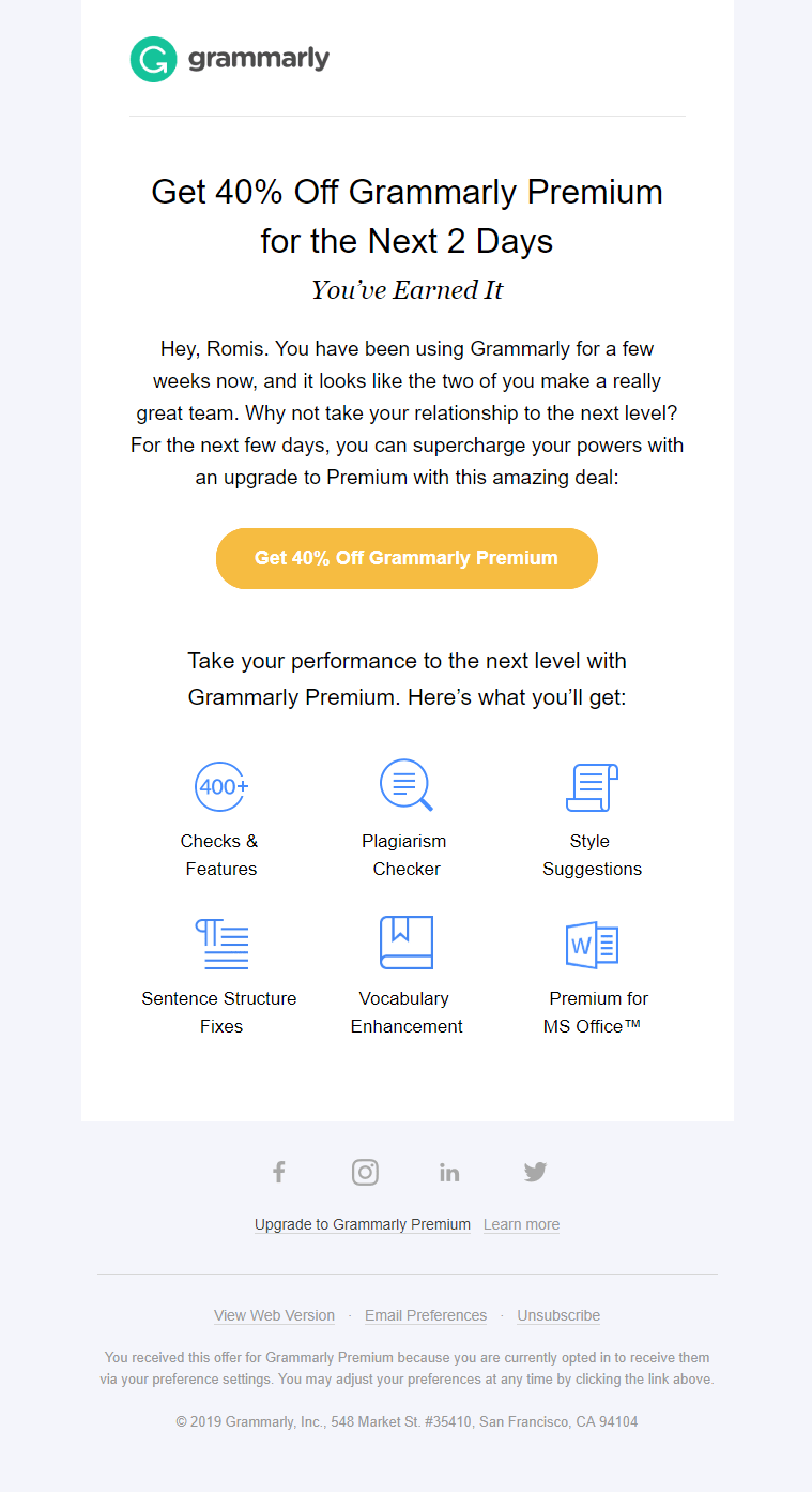Grammarly sales email
