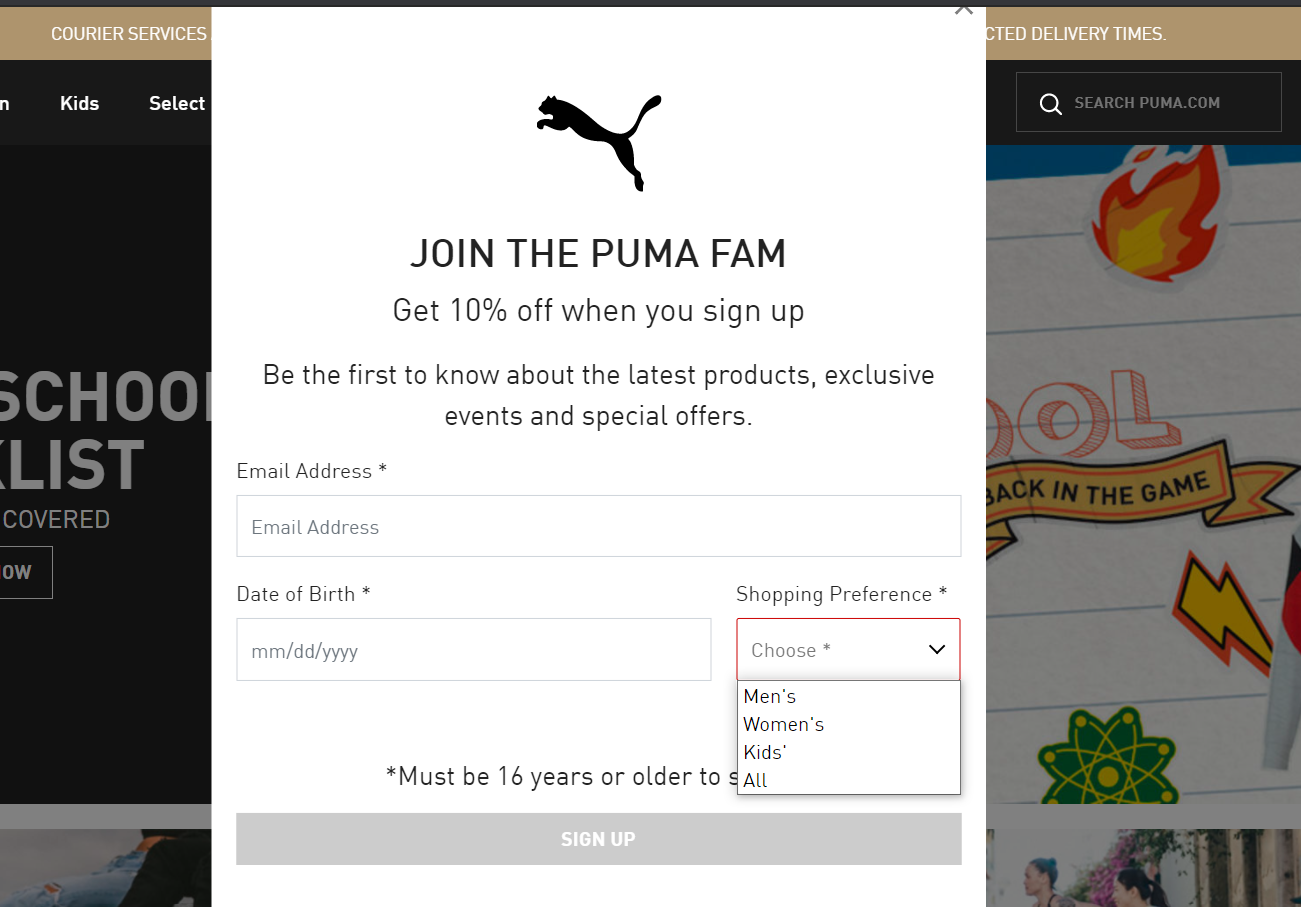 Puma subscription form