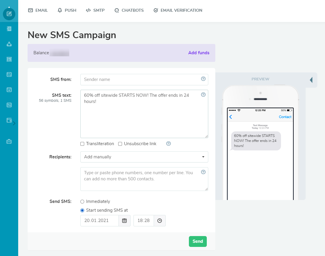 Creating an SMS campaign with SendPulse