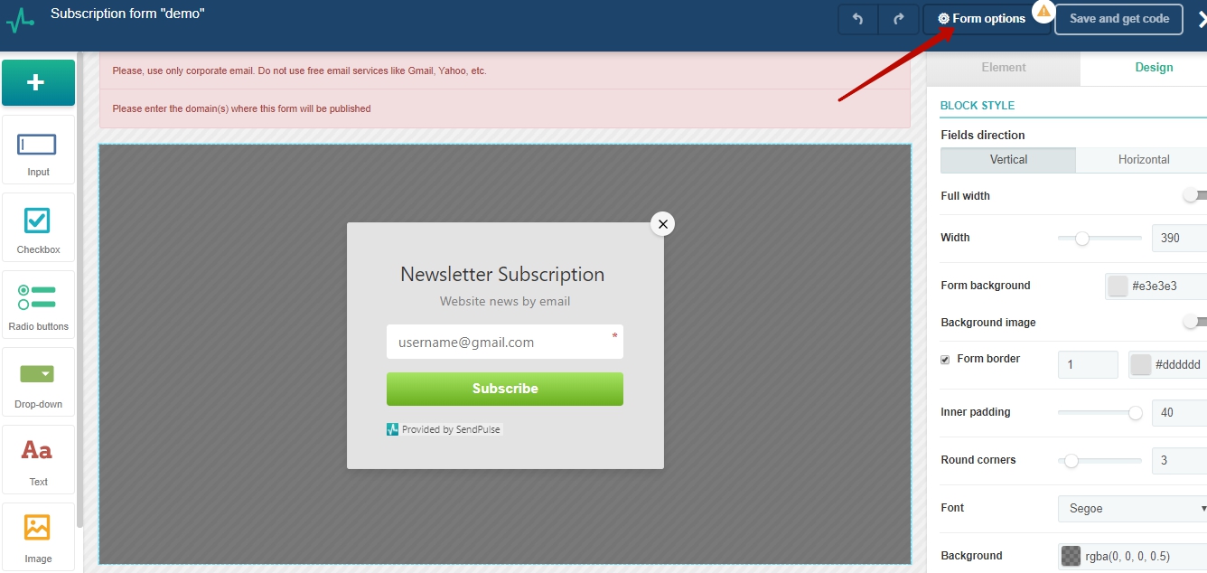 Go to subscription form options