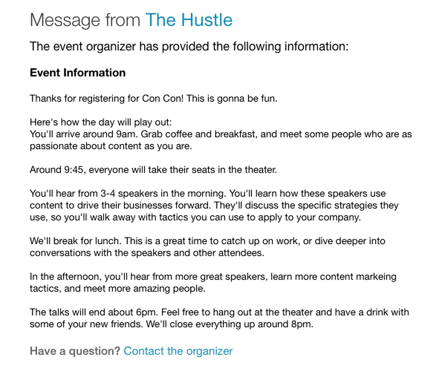 Hustle event reminder with a link to contact organizers