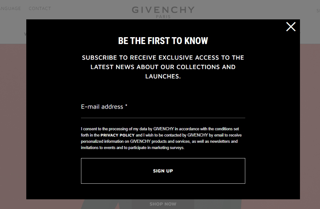 Givenchy subscription form
