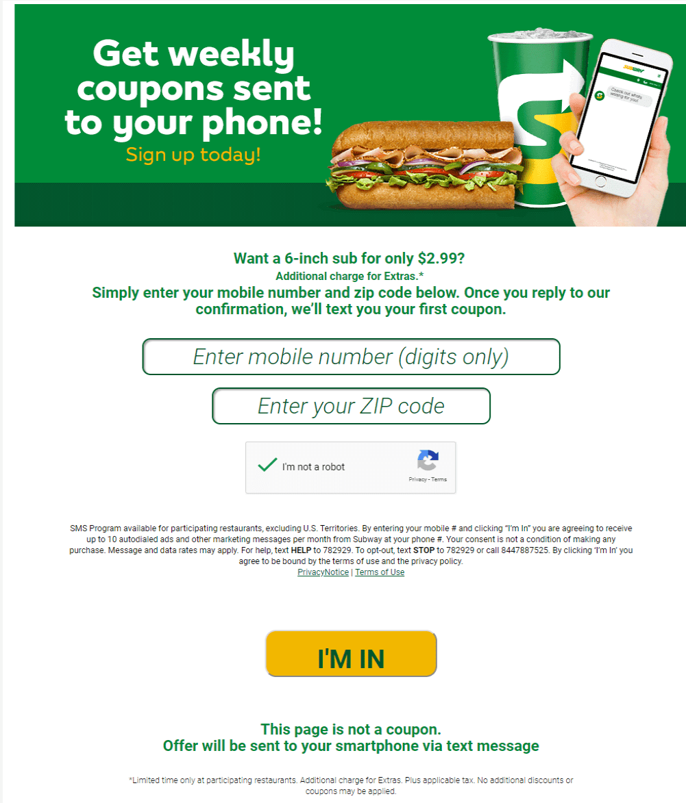 Subway's SMS opt-in