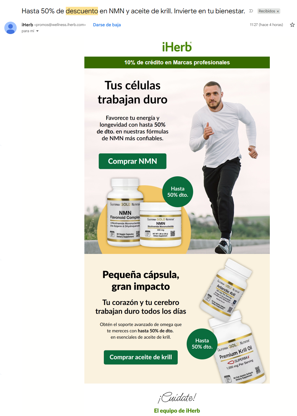 Correo de marketing promocional para una campaña de la empresa iHerb