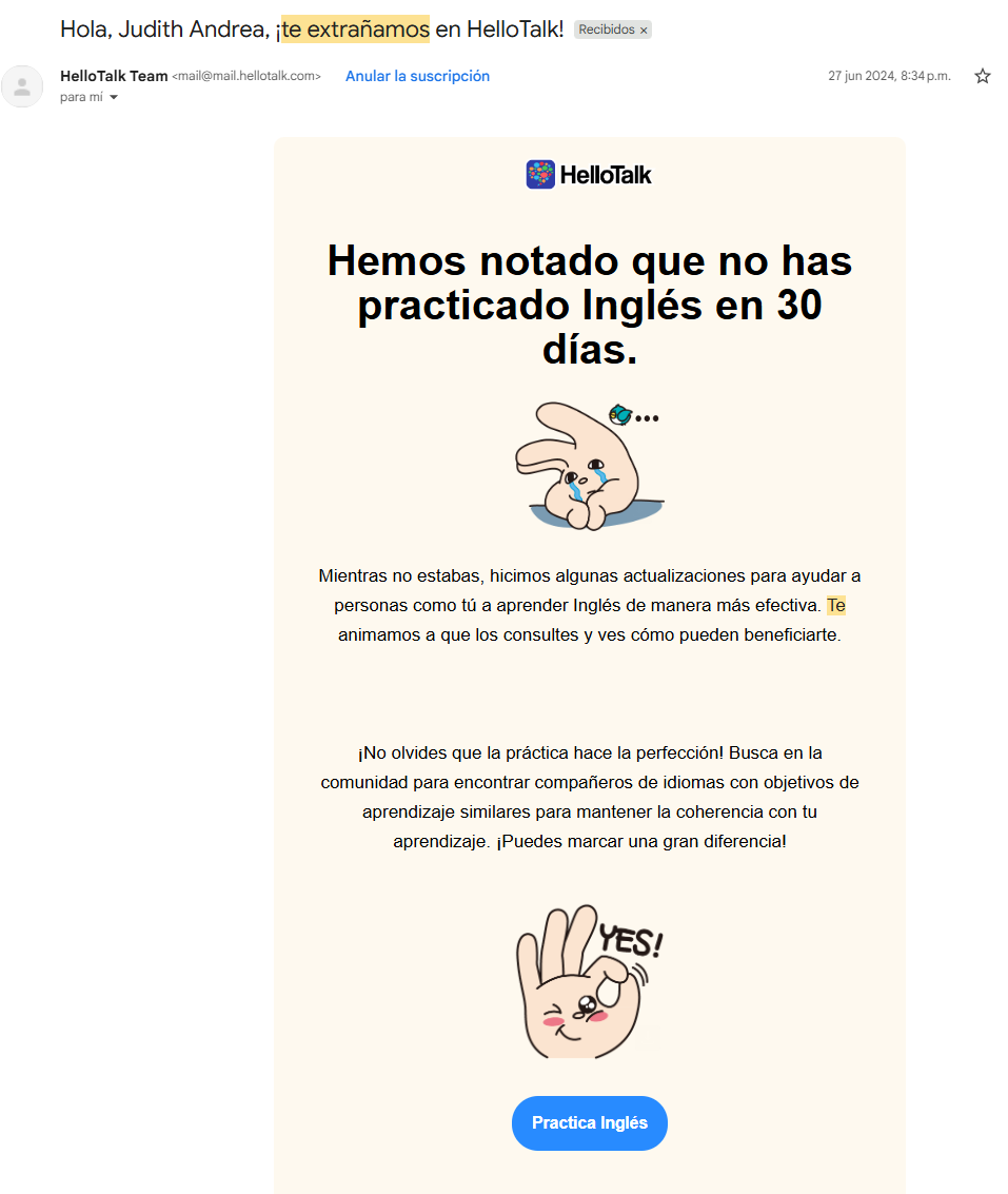 Campaña de correo de HelloTalk para reactivación de usuarios