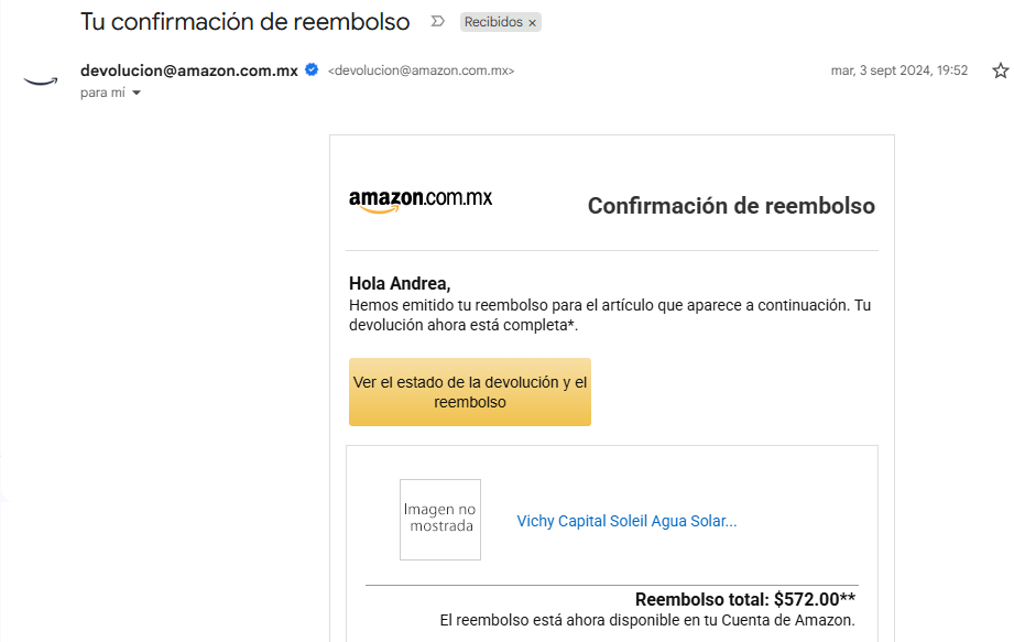 Correo transaccional de Amazon para informar sobre el estado del reembolso