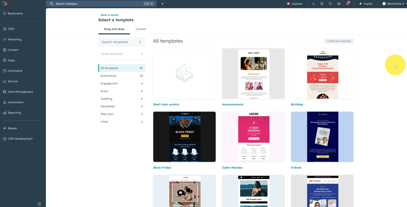 Selección de plantillas para correo en HubSpot