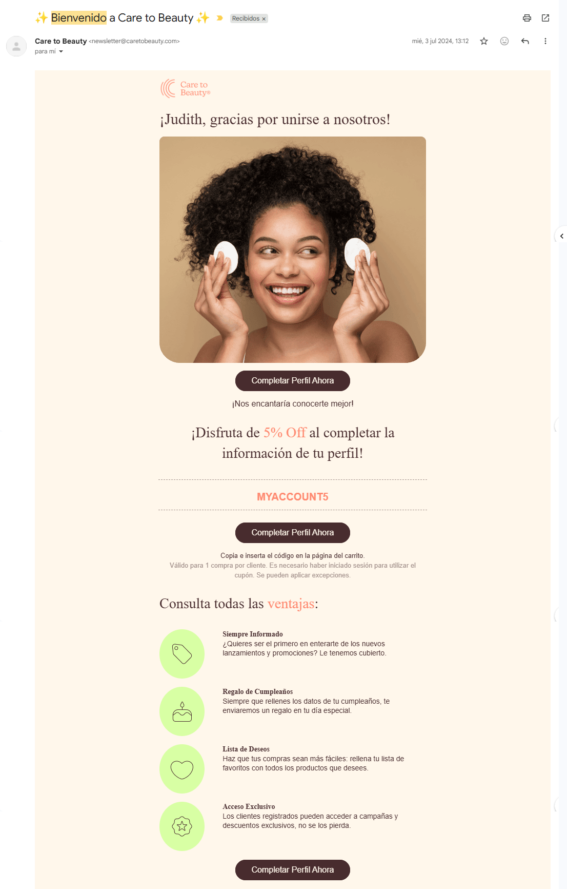 Ejemplo de una campaña de email marketing para el cuidado facial