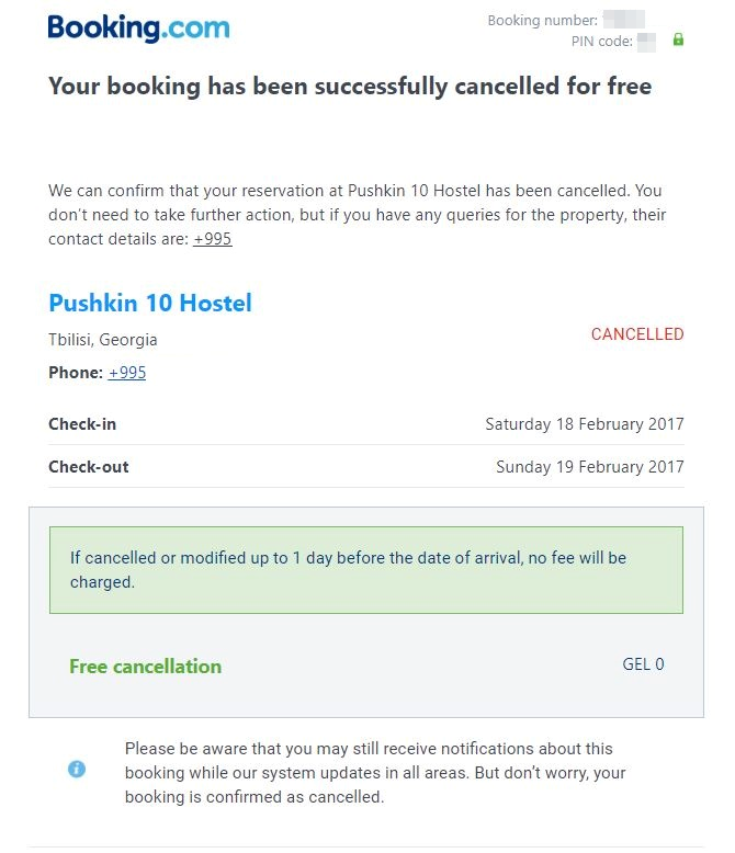 booking cancellation email