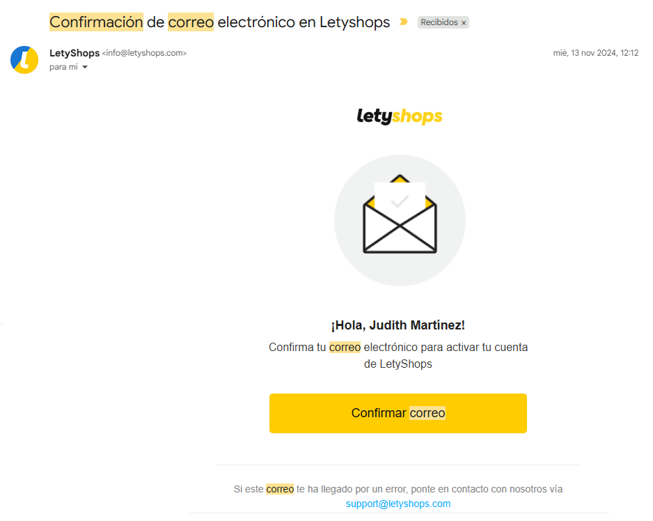 Correo de confirmación de Letyshop