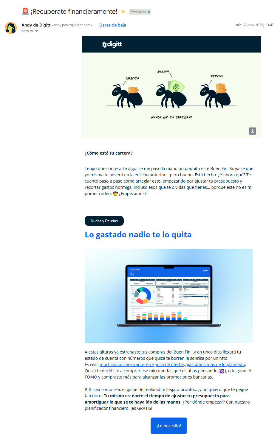 Diggit envia campañas de interes a los miembros de su lista de correos electrónicos