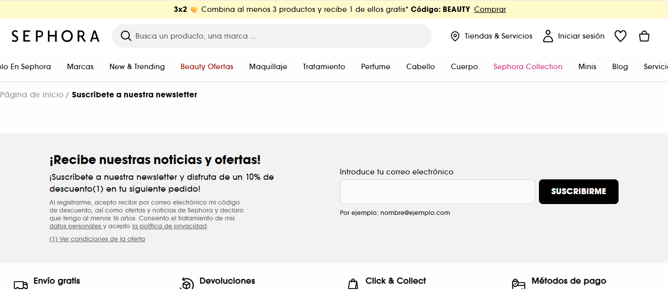 Sephora invita a nuevos usuarios a compartir su contacto de correo con promociones atractivas
