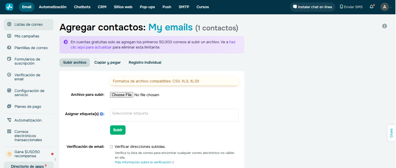 Interfaz de SendPulse para agregar contactos de email