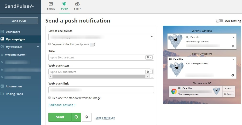 web push notification in sendpulse