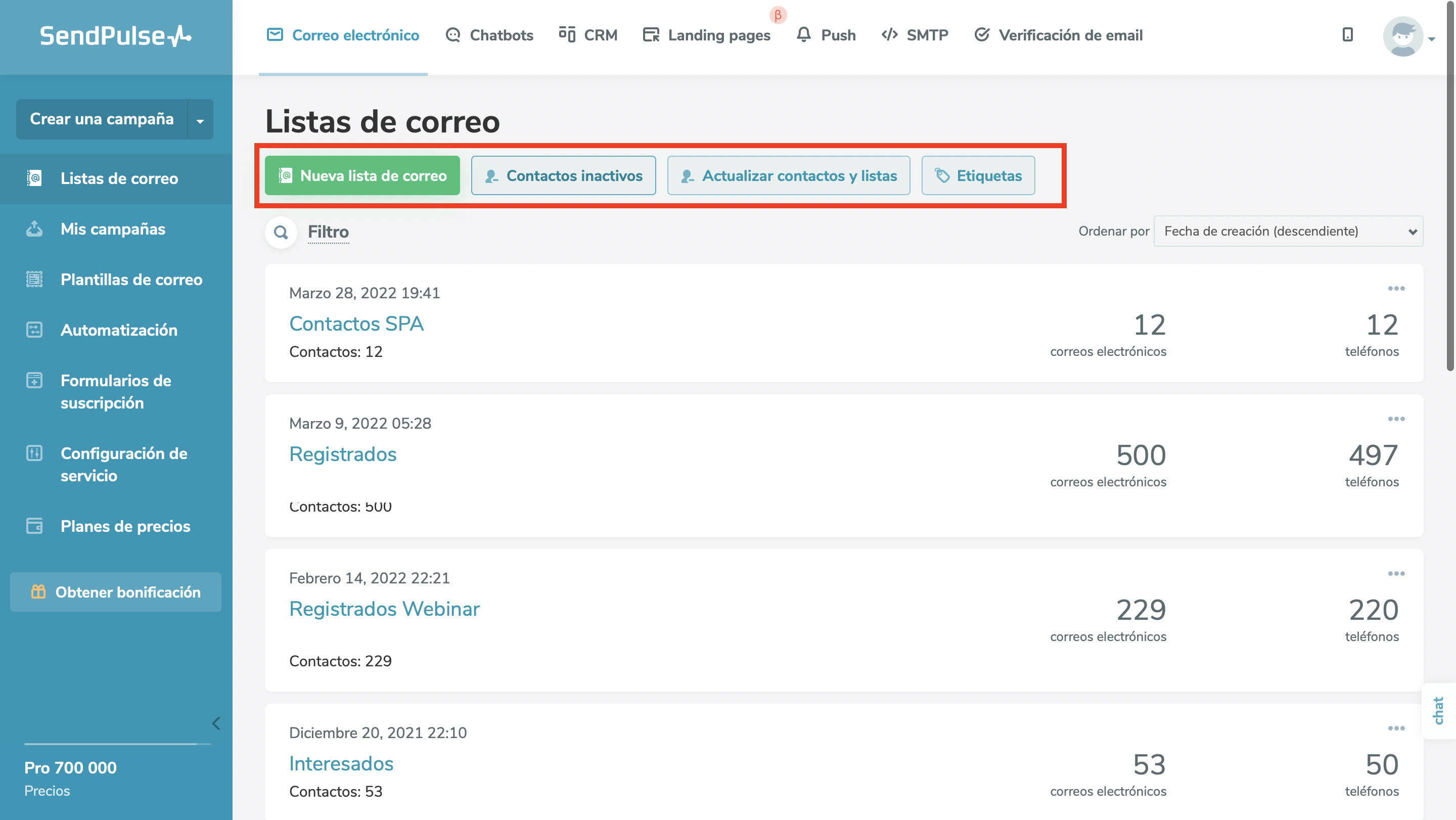Listas de correo de la plataforma de email marketing de SendPulse Listas de correo de la plataforma de email marketing de SendPulse
