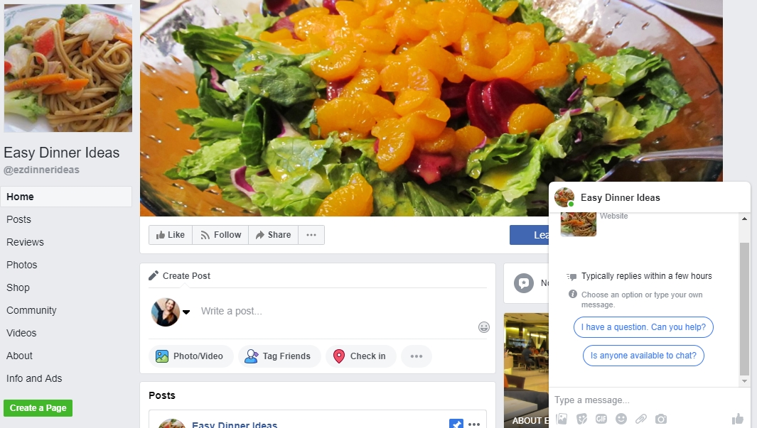 Чат-бот в Facebook сообществе Easy Dinner Ideas