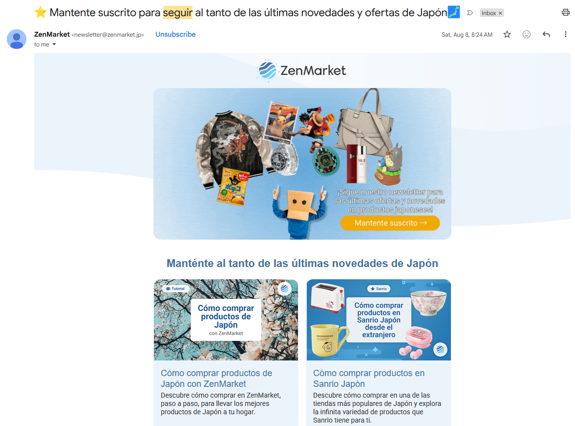 Correo de ZenMarket sobre todas las novedades del sitio web para comprar