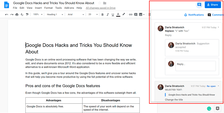 comment history in google docs