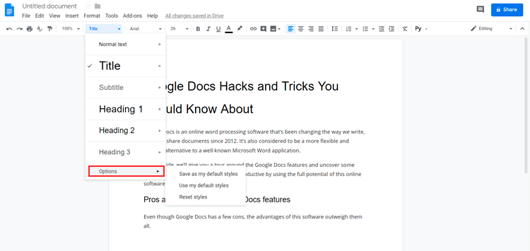 default style in google docs