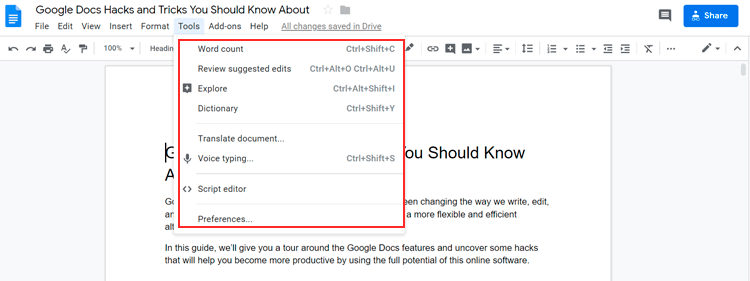 google docs features