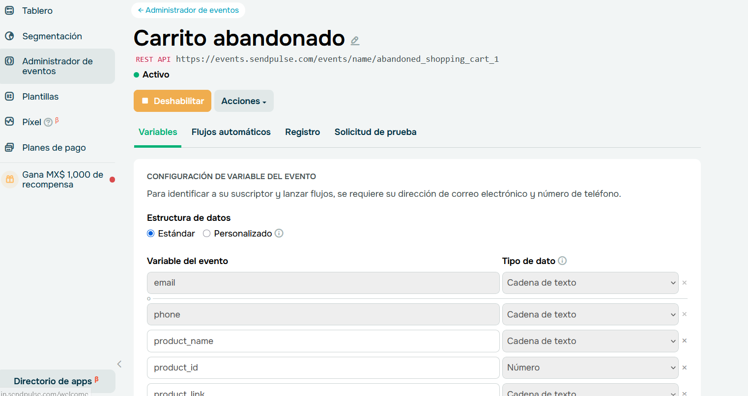 Sección para editar de carrito abandonado en SendPulse. 