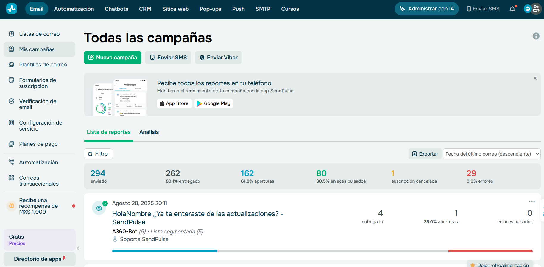 Sección de email para ver "todas las campañas" en SendPulse