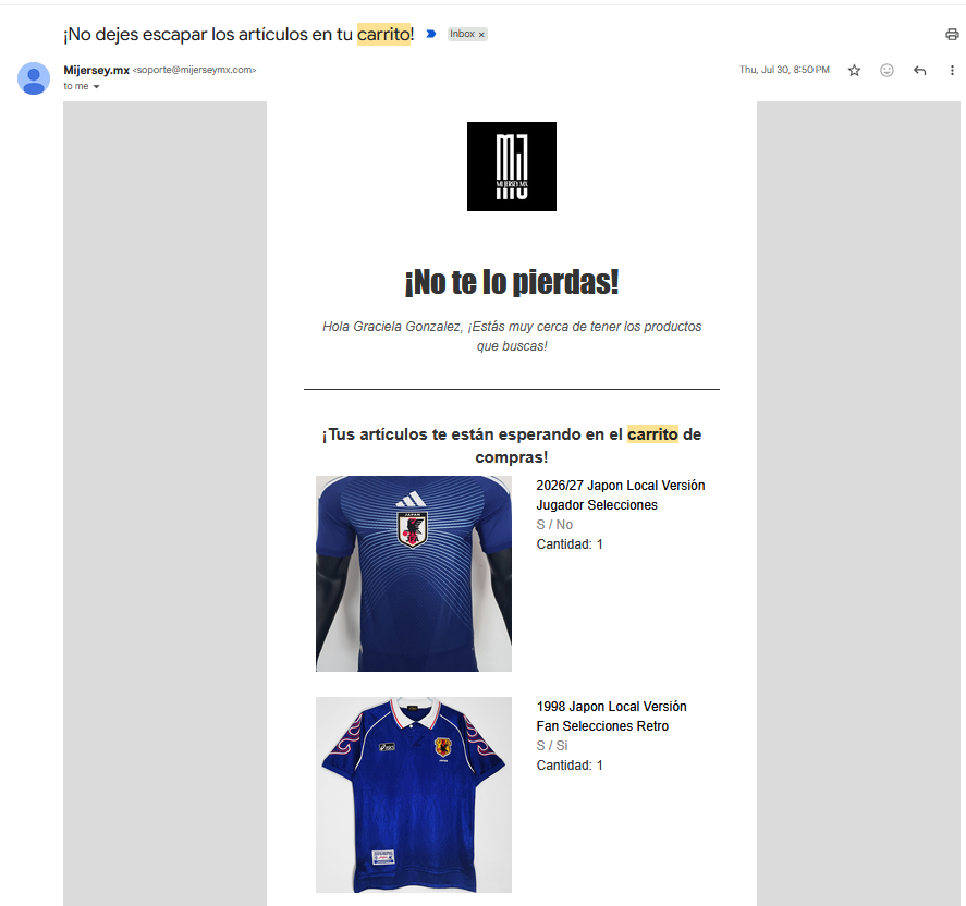 Correo de Mijerseymx recordando que hay 3 artículos esperando en el carrito de la tienda en línea