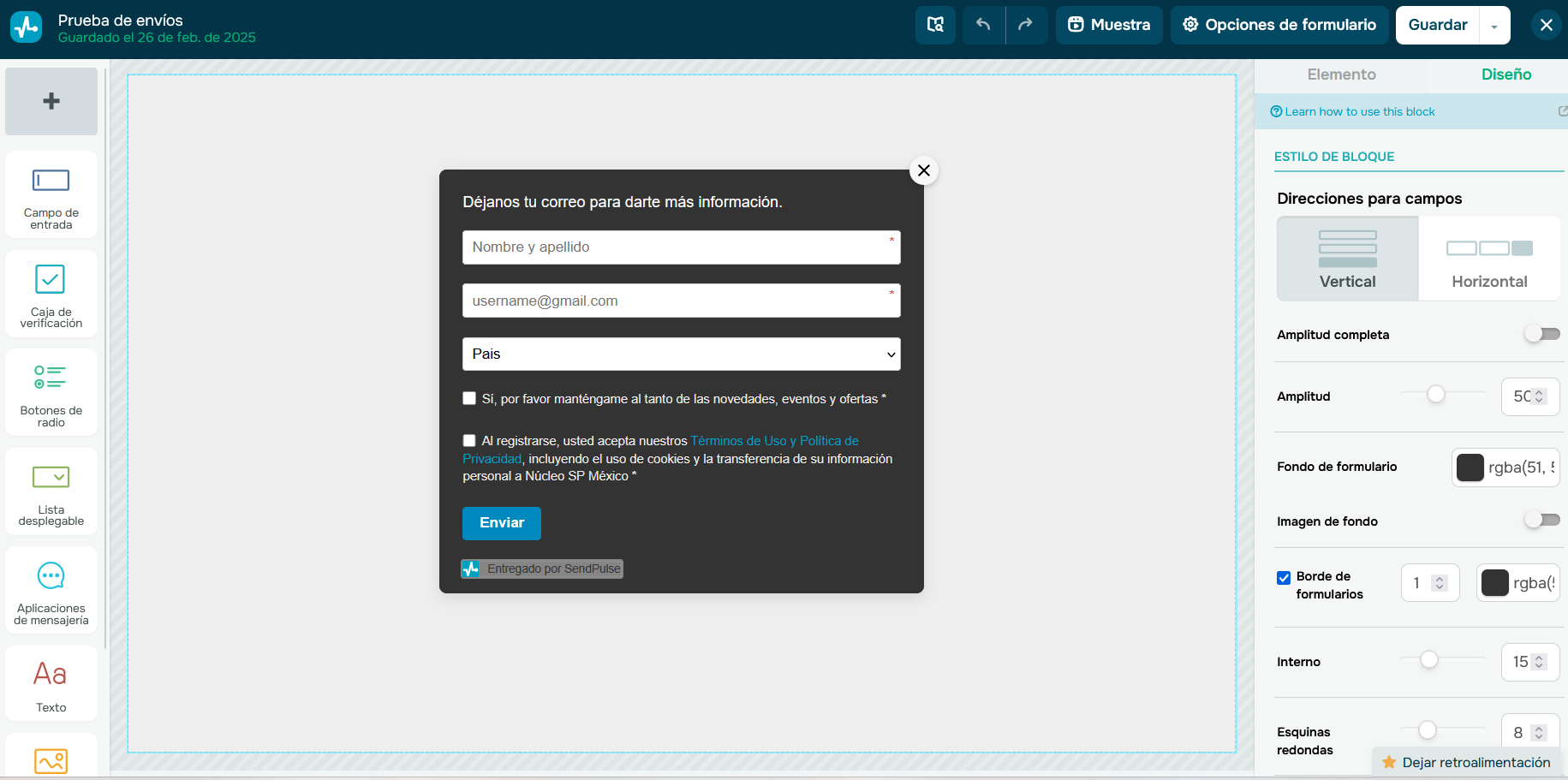 Creador de formularios de SendPulse