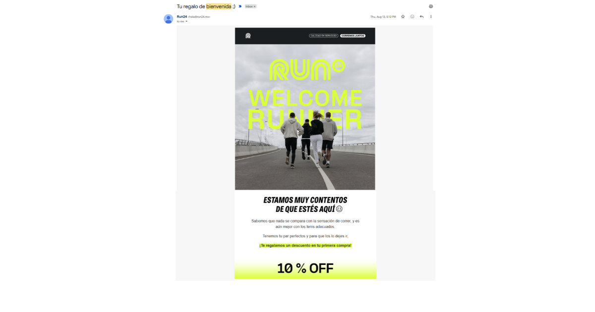Correo de bienvenida de Run24 con un código de descuento de 10%