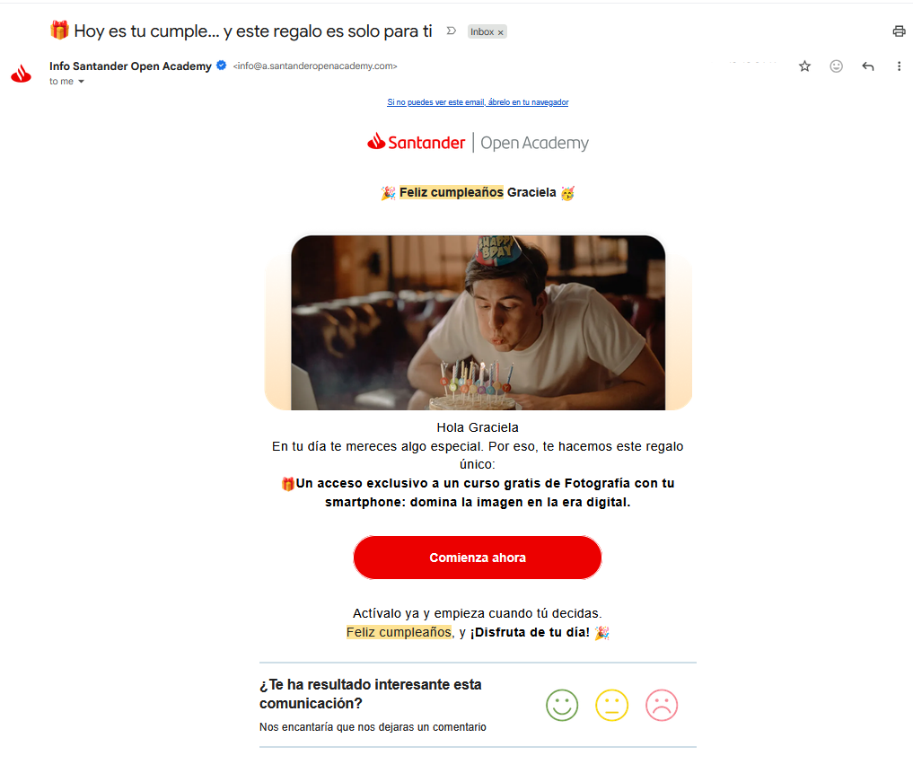 Correo de felicitación de cumpleaños de Santander Open Academy con un acceso exclusivo a cursos. 