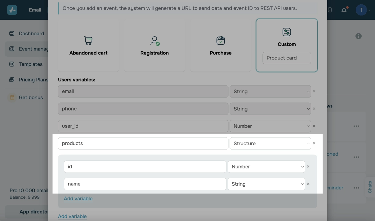 Sección para agregar variables en correos electrónicos de SendPulse
