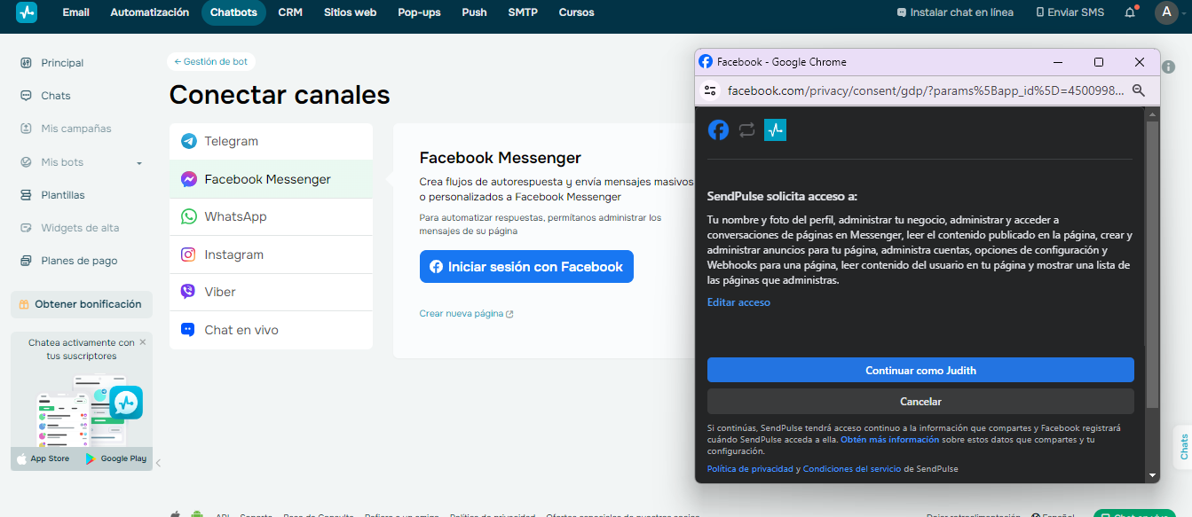 Para usar los chatbots SendPulse para enviar mensajes masivos en Facebook es necesario vincular las cuentas Para usar los chatbots SendPulse para enviar mensajes masivos en Facebook es necesario vincular las cuentas