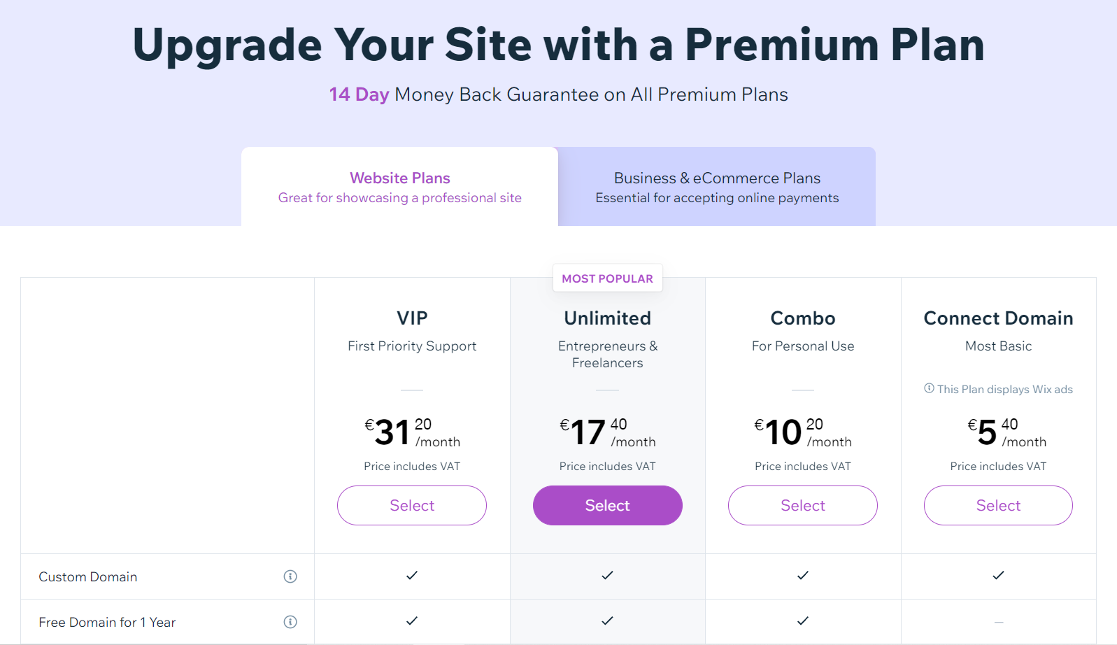 Wix, premium planlarını daha belirgin hale getirerek satış yapıyor