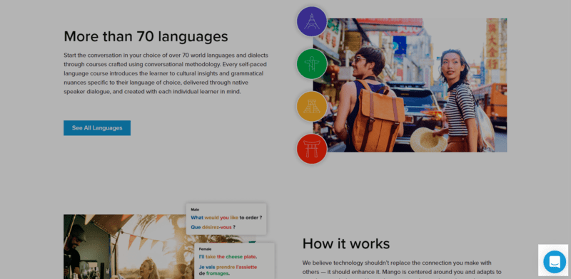 A janela de conversa da landing page de produto da Mango Languages