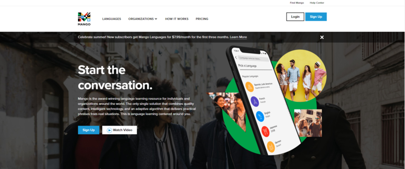 O cabeçalho da landing page de produto da Mango Languages 