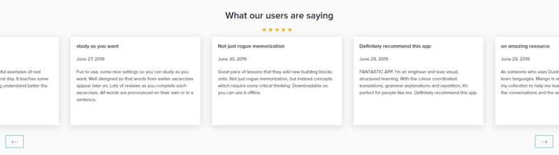 Avaliações de clientes na landing page de produto da Mango Languages