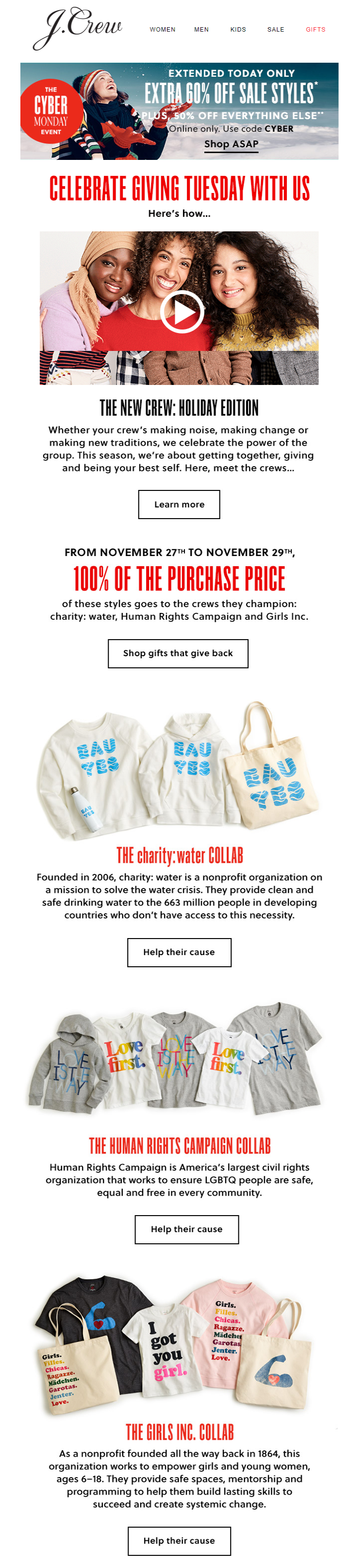 A Giving Tuesday email from J.Crew’s online store