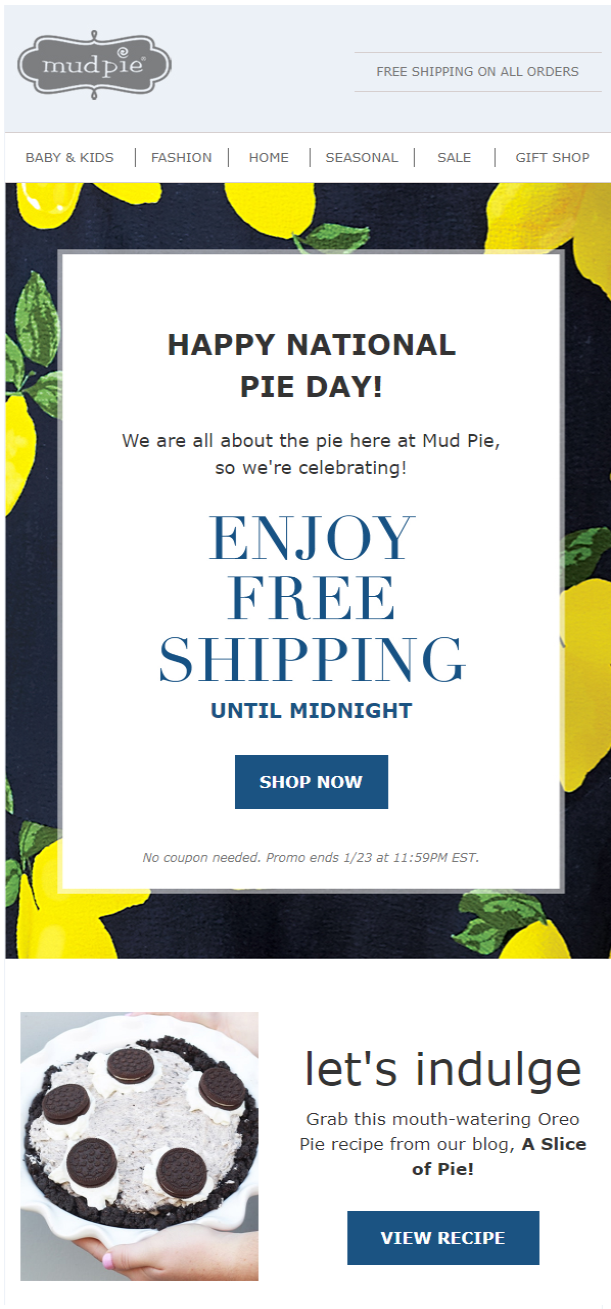 An email dedicated to Pie Day from Mud Pie