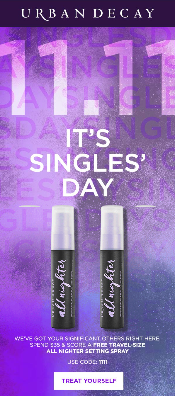An email dedicated to Singles’ Day from Urban Decay