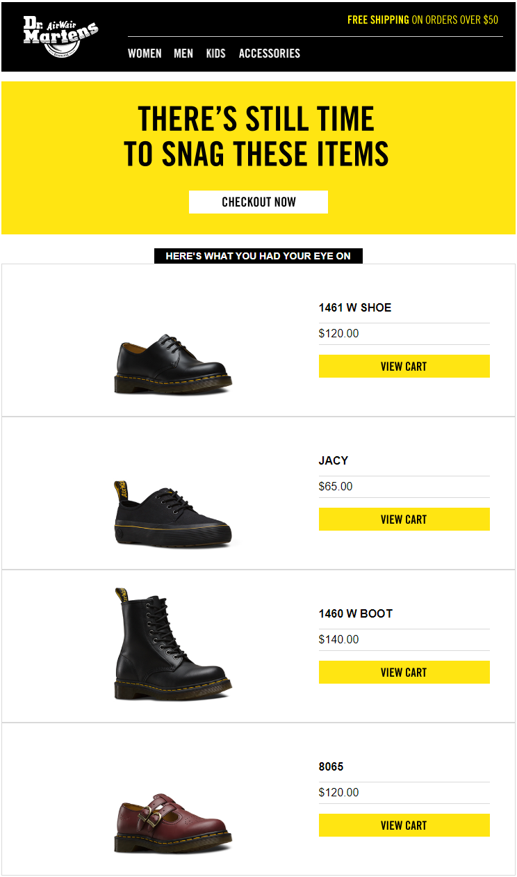 An abandoned cart email from Dr. Martens featuring multiple CTA buttons