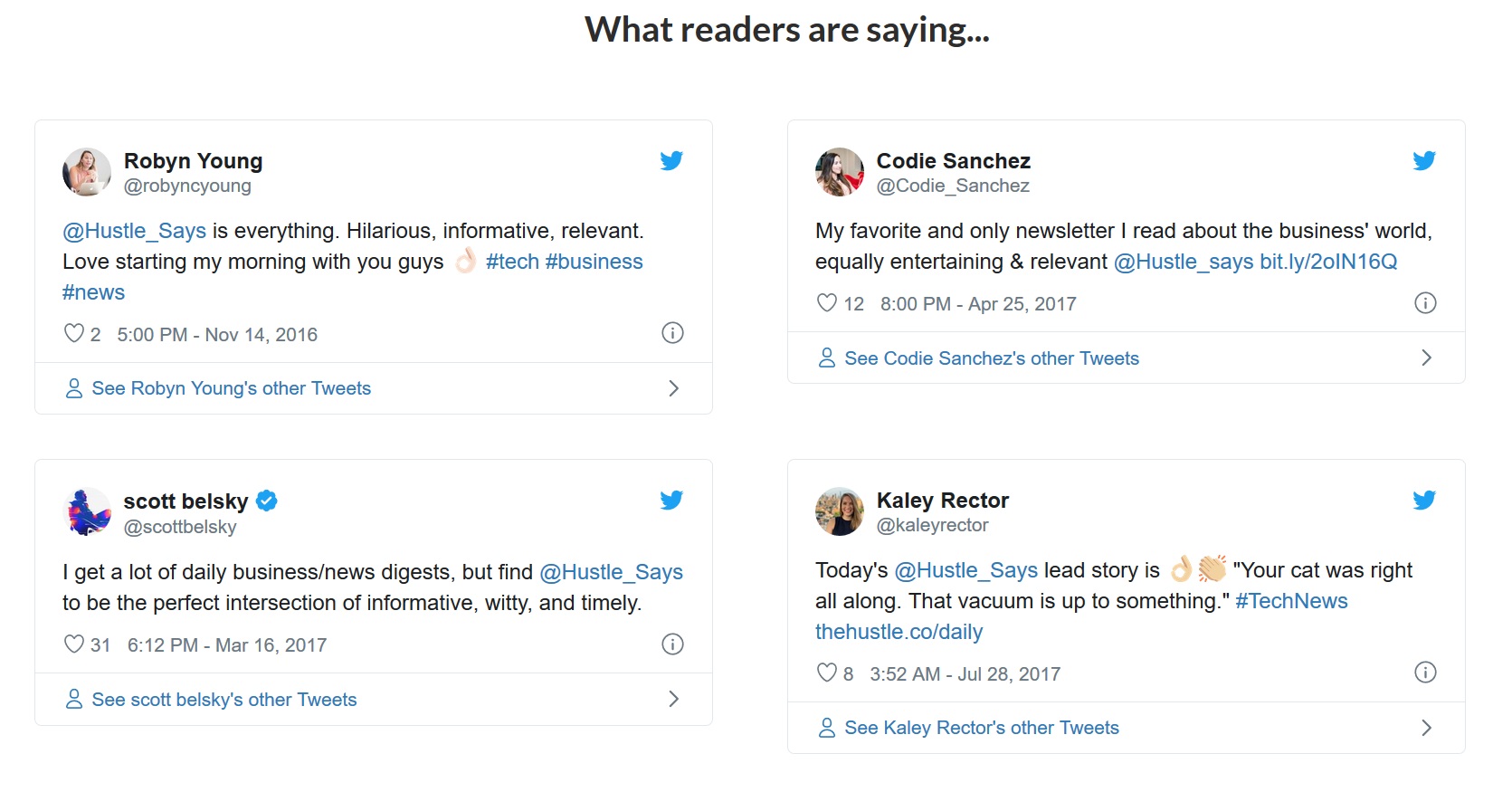 Readers’ tweets used as social proof Readers’ tweets used as social proof