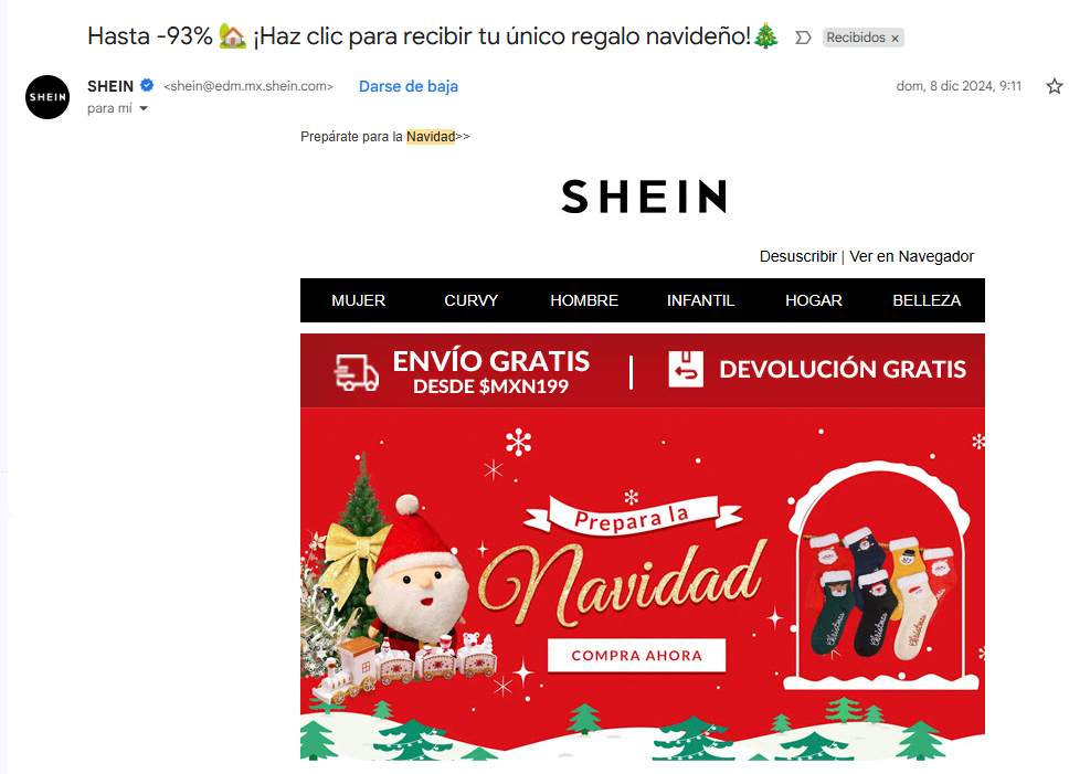 Email marketing de Shein para su marketing digital en Navidad