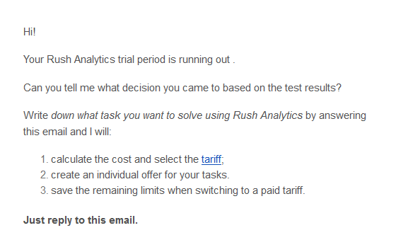 Lembrete pós-teste da Rush Analytics
