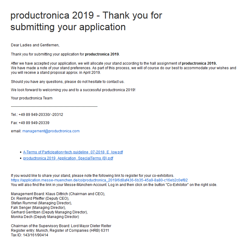 E-mail de confirmação imediato da Productronica