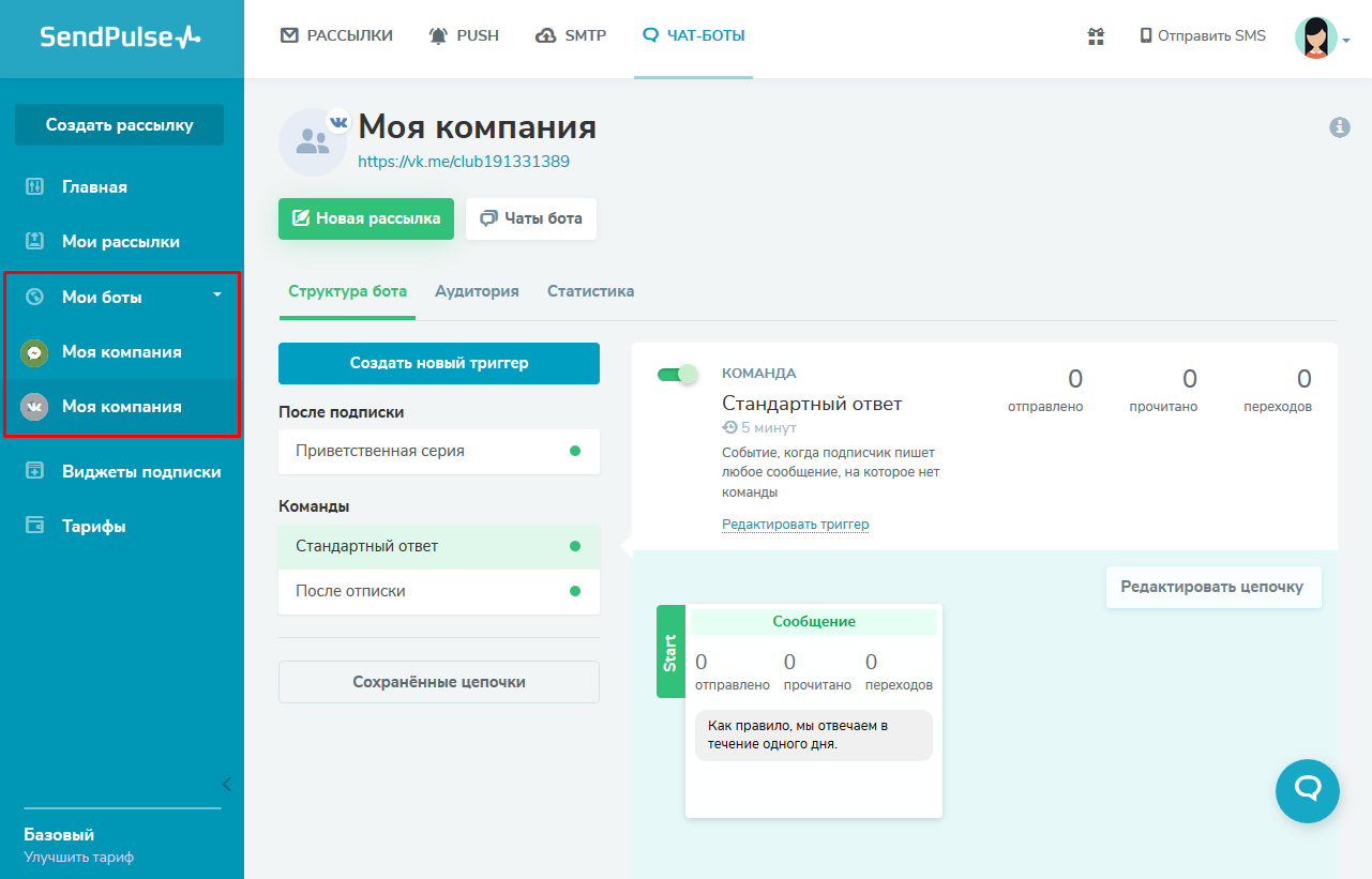 Все созданные боты отображаются в левом меню в разделе «Чат-боты» Все созданные боты отображаются в левом меню в разделе «Чат-боты»