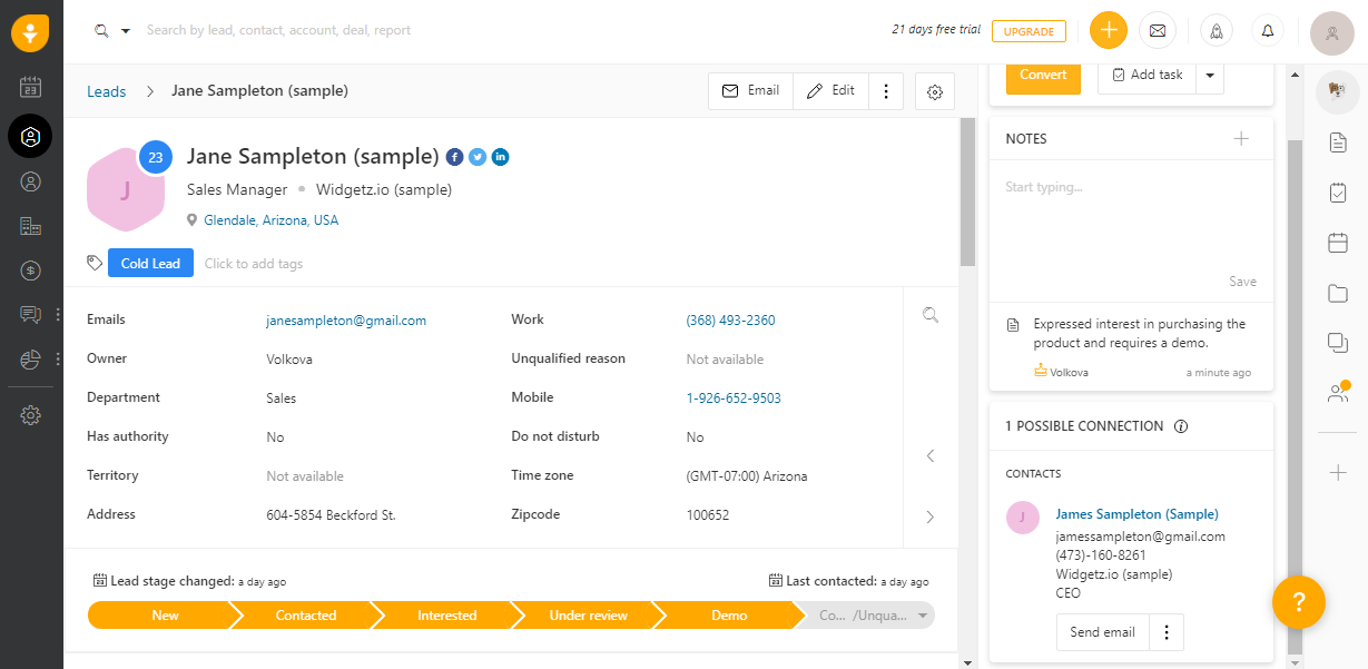 freshsales crm software interface