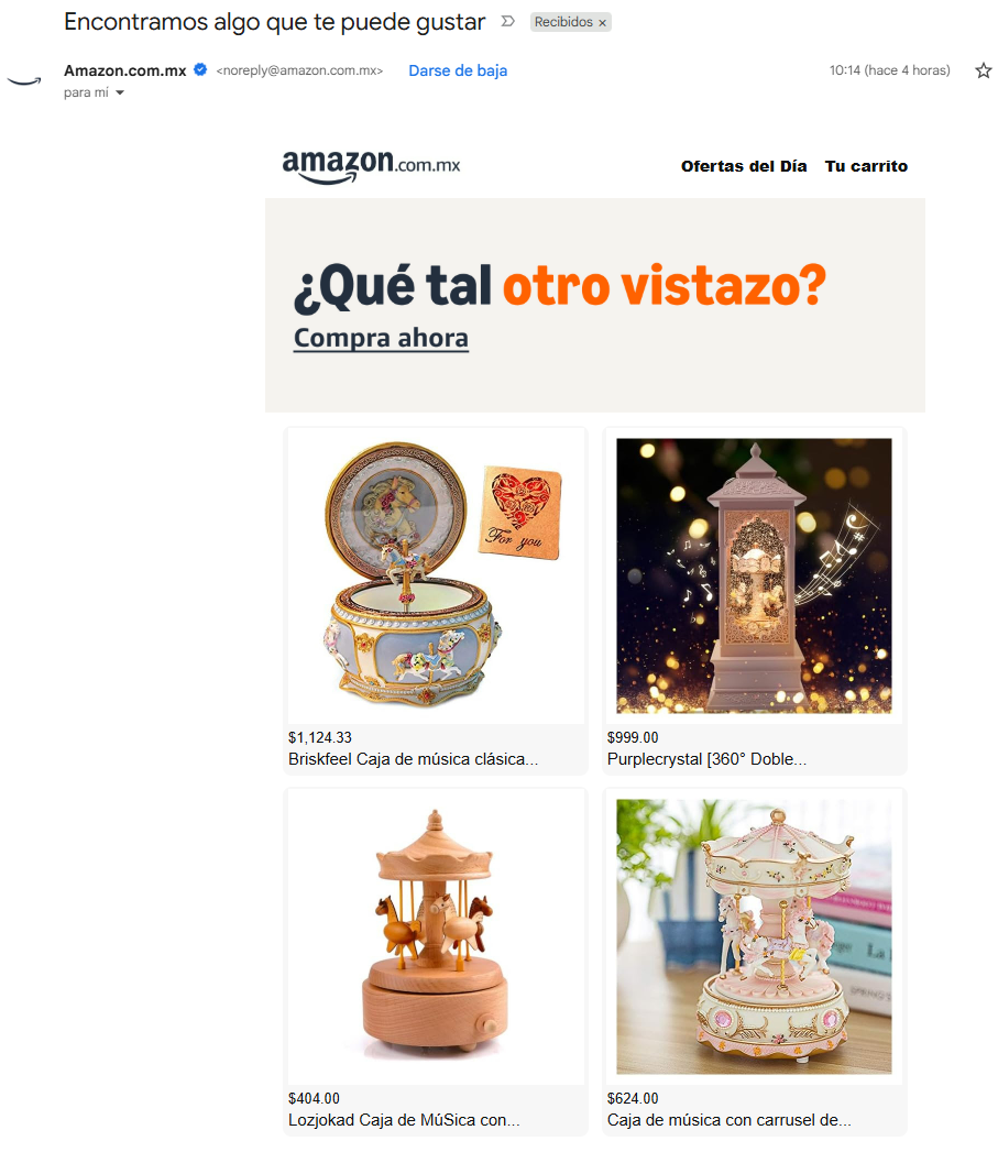 Amazon comparte productos de interes a los clientes